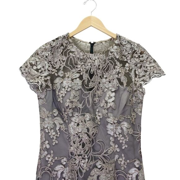 NWT JS Collections Size 8 Lace Embroidered Sheath Dress Taupe Illusion Overlay - Picture 5 of 14